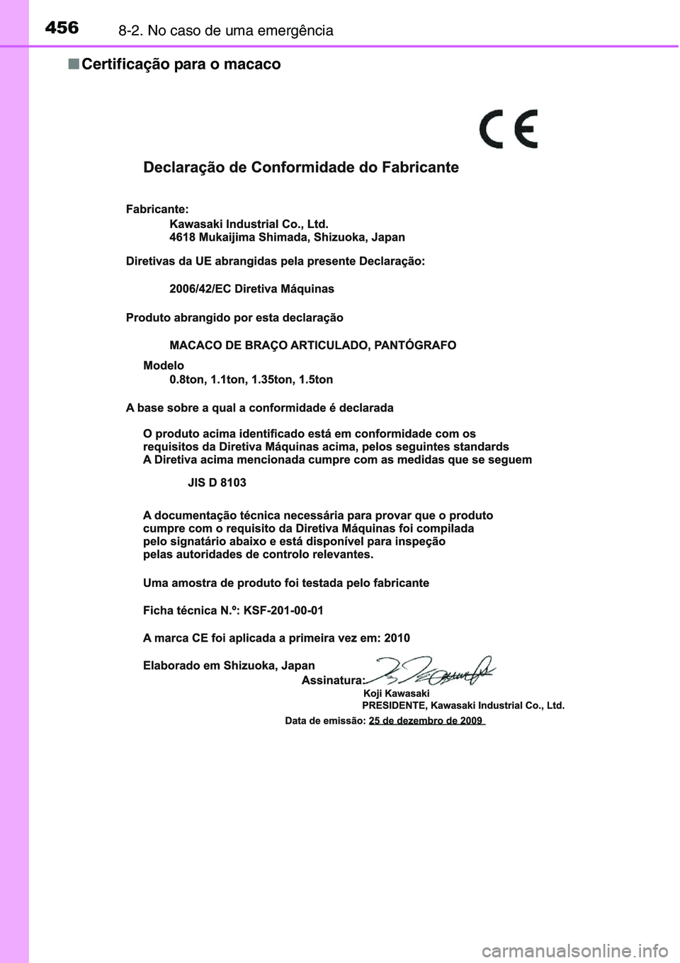 TOYOTA YARIS HATCHBACK 2015  Manual de utilização (in Portuguese) 4568-2. No caso de uma emergência
■Certificação para o macaco 