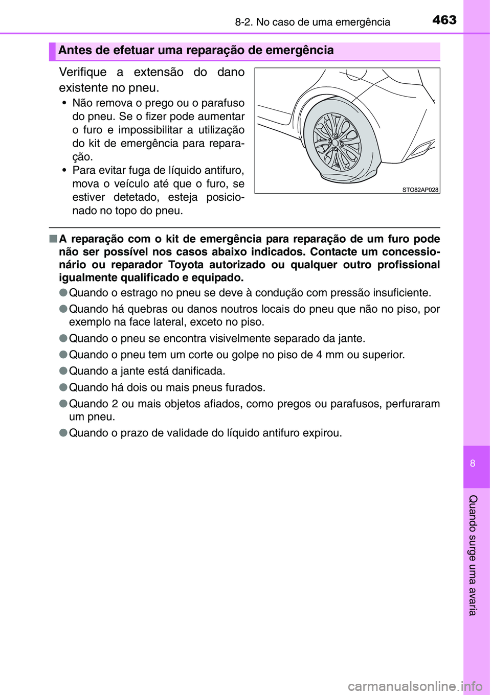 TOYOTA YARIS HATCHBACK 2015  Manual de utilização (in Portuguese) 4638-2. No caso de uma emergência
8
Quando surge uma avaria
Verifique a extensão do dano
existente no pneu.
• Não remova o prego ou o parafuso
do pneu. Se o fizer pode aumentar
o furo e impossibi