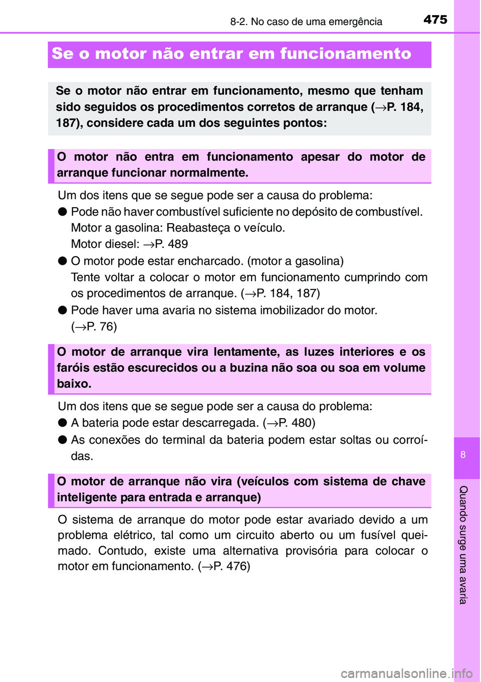 TOYOTA YARIS HATCHBACK 2015  Manual de utilização (in Portuguese) 4758-2. No caso de uma emergência
8
Quando surge uma avaria
Se o motor não entrar em funcionamento
Um dos itens que se segue pode ser a causa do problema:
●Pode não haver combustível suficiente 