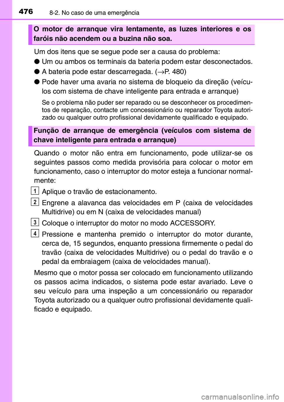 TOYOTA YARIS HATCHBACK 2015  Manual de utilização (in Portuguese) 4768-2. No caso de uma emergência
Um dos itens que se segue pode ser a causa do problema:
●Um ou ambos os terminais da bateria podem estar desconectados.
●A bateria pode estar descarregada. (→P