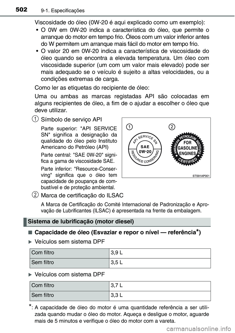 TOYOTA YARIS HATCHBACK 2015  Manual de utilização (in Portuguese) 5029-1. Especificações
Viscosidade do óleo (0W-20 é aqui explicado como um exemplo):
• O 0W em 0W-20 indica a característica do óleo, que permite o
arranque do motor em tempo frio. Óleos com 