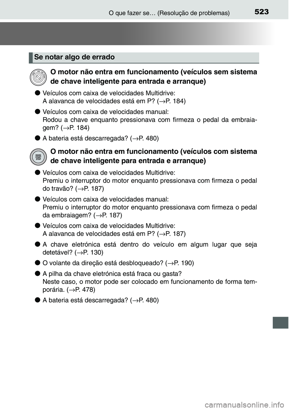 TOYOTA YARIS HATCHBACK 2015  Manual de utilização (in Portuguese) 523O que fazer se… (Resolução de problemas)
●Veículos com caixa de velocidades Multidrive: 
A alavanca de velocidades está em P? (→P. 184)
●Veículos com caixa de velocidades manual: 
Rodo