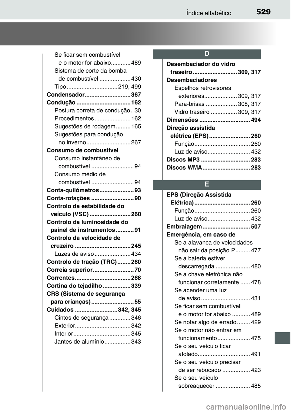 TOYOTA YARIS HATCHBACK 2015  Manual de utilização (in Portuguese) 529Índice alfabético
Se ficar sem combustível 
e o motor for abaixo............ 489
Sistema de corte da bomba 
de combustível ................... 430
Tipo ............................... 219, 499
