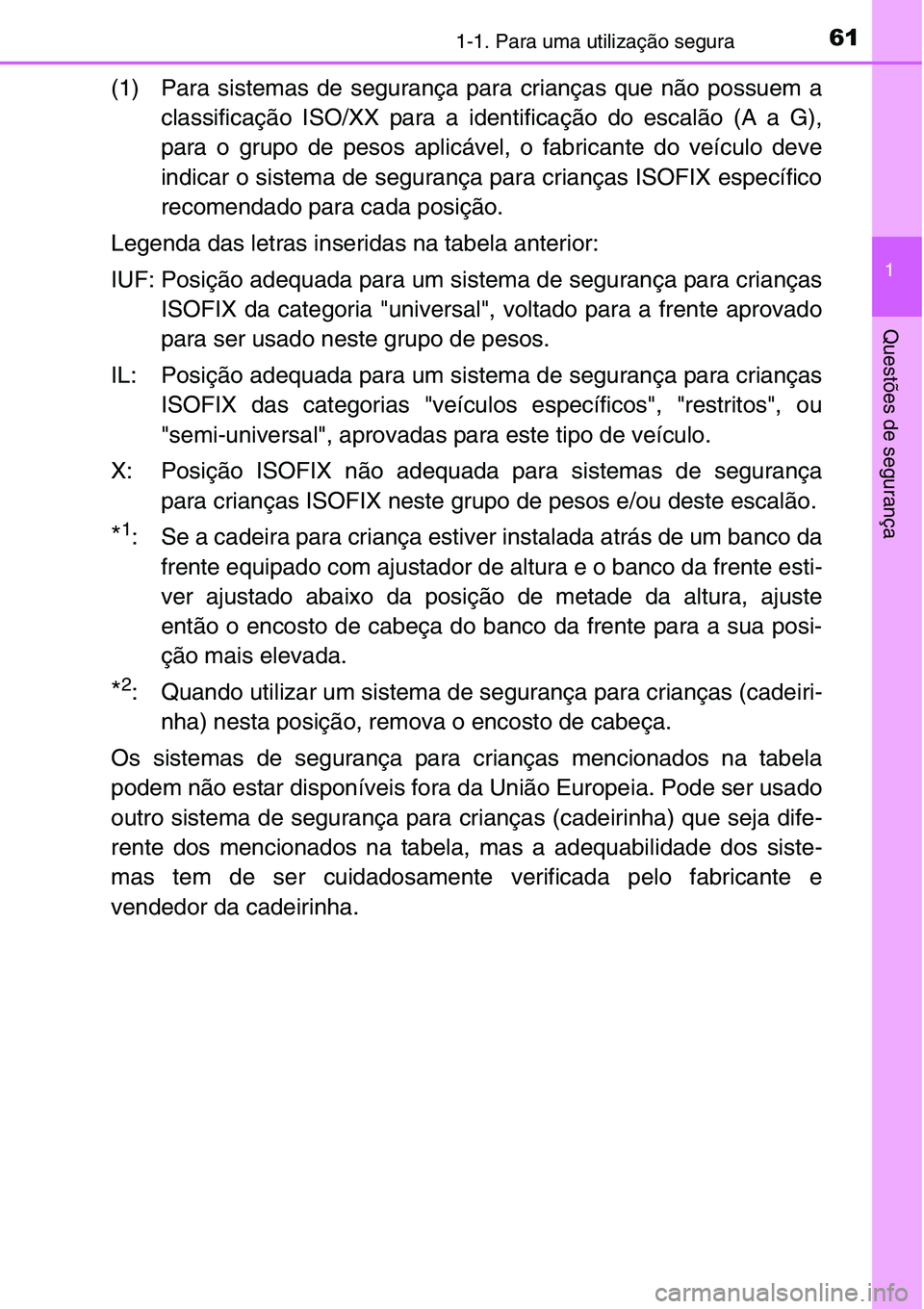 TOYOTA YARIS HATCHBACK 2015  Manual de utilização (in Portuguese) 611-1. Para uma utilização segura
1
Questões de segurança
(1) Para sistemas de segurança para crianças que não possuem a
classificação ISO/XX para a identificação do escalão (A a G),
para 