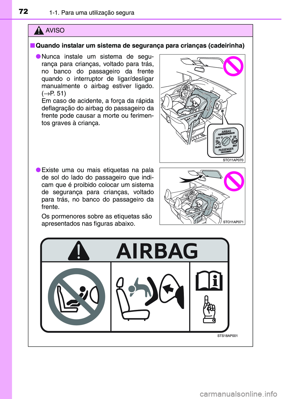 TOYOTA YARIS HATCHBACK 2015  Manual de utilização (in Portuguese) 721-1. Para uma utilização segura
AV I S O
■Quando instalar um sistema de segurança para crianças (cadeirinha)
●Nunca instale um sistema de segu-
rança para crianças, voltado para trás,
no 