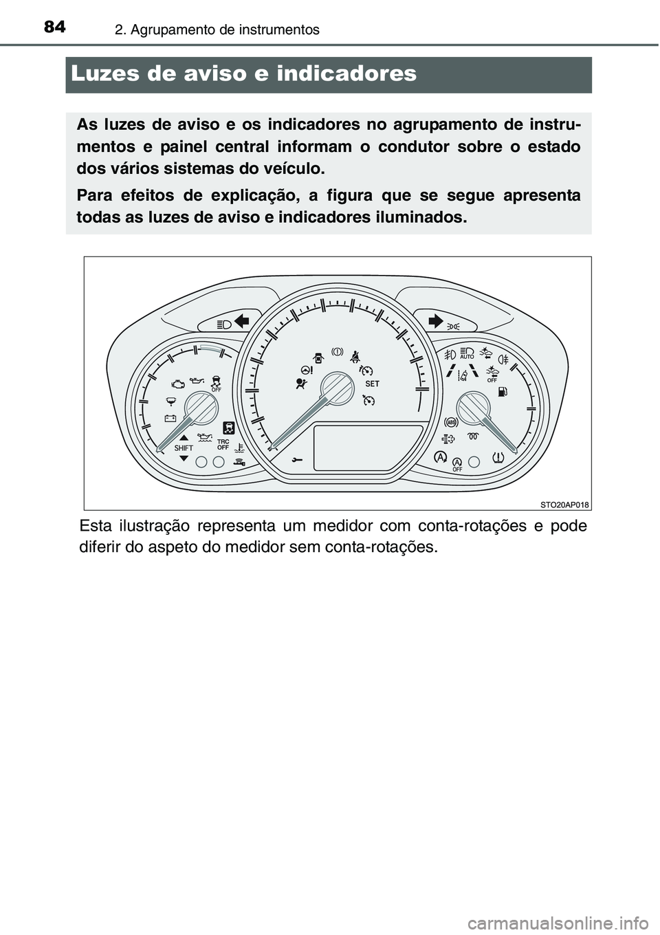 TOYOTA YARIS HATCHBACK 2015  Manual de utilização (in Portuguese) 842. Agrupamento de instrumentos
Luzes de aviso e indicadores
Esta ilustração representa um medidor com conta-rotações e pode
diferir do aspeto do medidor sem conta-rotações.
As luzes de aviso e