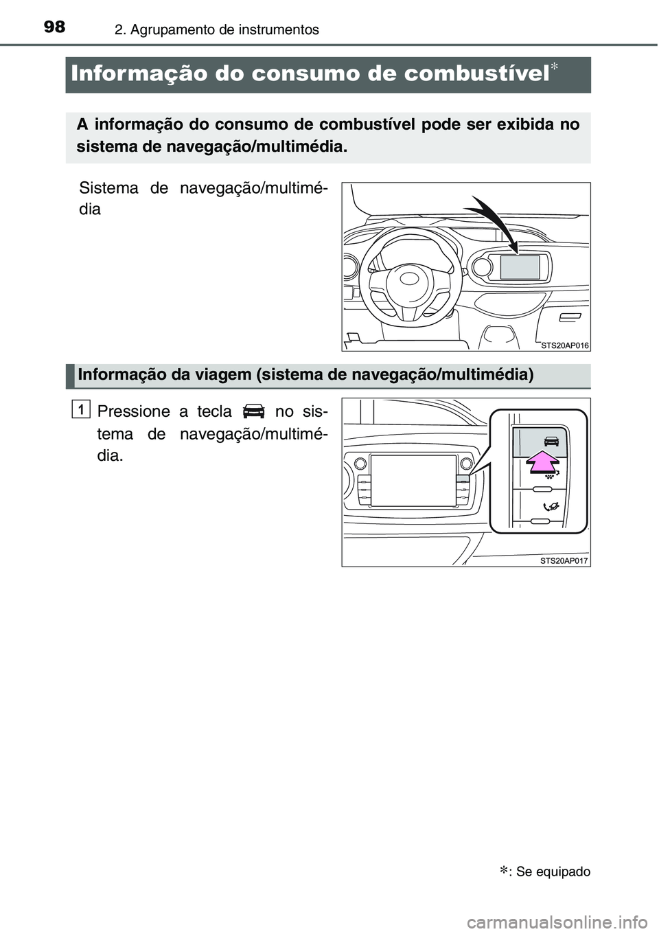 TOYOTA YARIS HATCHBACK 2015  Manual de utilização (in Portuguese) 982. Agrupamento de instrumentos
Infor mação do consumo de combustível∗
Sistema de navegação/multimé-
dia
Pressione a tecla   no sis-
tema de navegação/multimé-
dia.
∗: Se equipado
A info