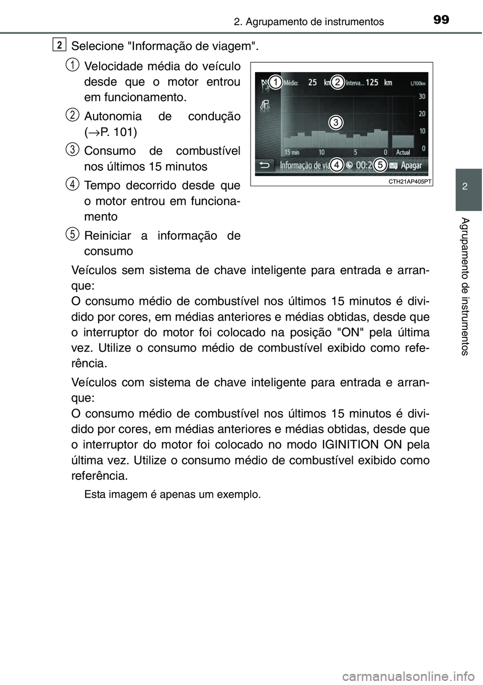 TOYOTA YARIS HATCHBACK 2015  Manual de utilização (in Portuguese) 992. Agrupamento de instrumentos
2
Agrupamento de instrumentos
Selecione "Informação de viagem".
Velocidade média do veículo
desde que o motor entrou
em funcionamento.
Autonomia de conduç