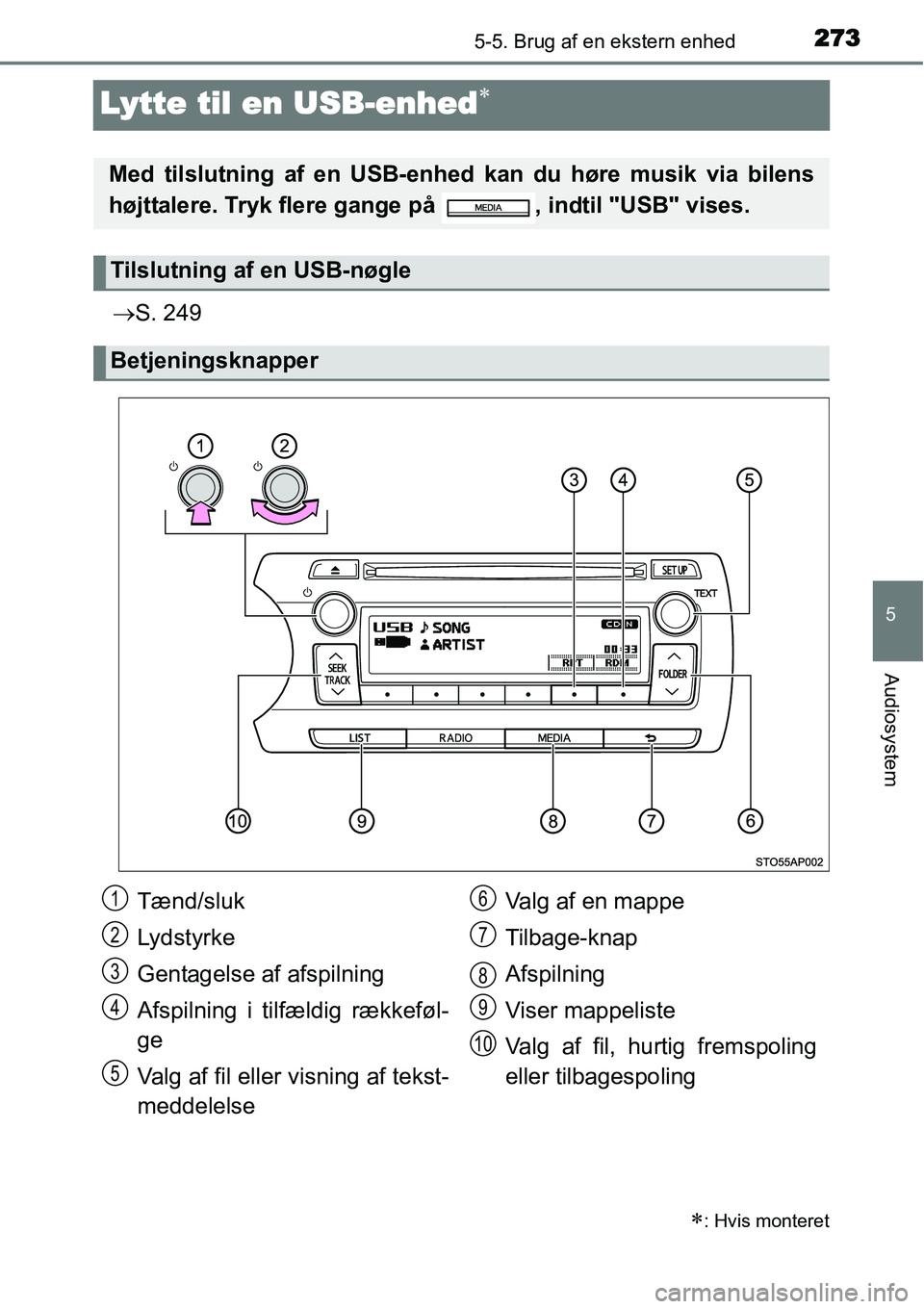 TOYOTA YARIS HATCHBACK 2014  Brugsanvisning (in Danish) 273
5
5-5. Brug af en ekstern enhed
Audiosystem
Lytte til en USB-enhed∗
→S. 249
∗: Hvis monteret
Med tilslutning af en USB-enhed kan du høre musik via bilens
højttalere. Tryk flere gange på  