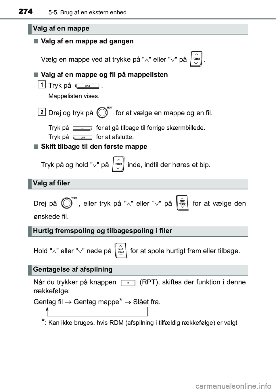 TOYOTA YARIS HATCHBACK 2014  Brugsanvisning (in Danish) 2745-5. Brug af en ekstern enhed
■Valg af en mappe ad gangen
Vælg en mappe ved at trykke på "∧" eller "∨" på  .
■Valg af en mappe og fil på mappelisten
Tryk på  .
Mappelisten vises.
Drej 
