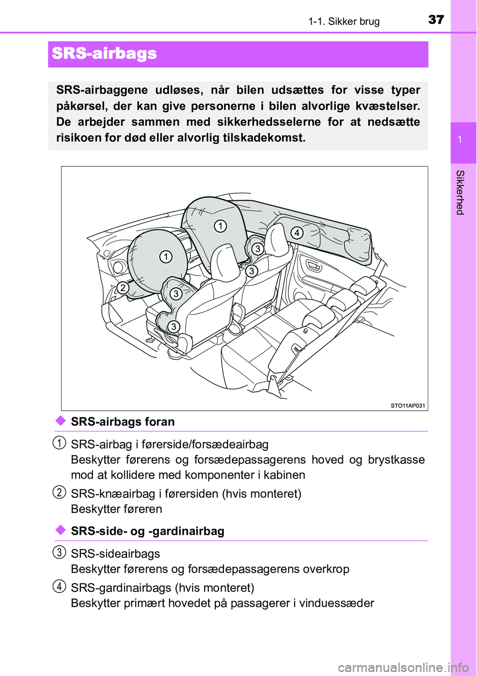 TOYOTA YARIS HATCHBACK 2014  Brugsanvisning (in Danish) 371-1. Sikker brug
1
Sikkerhed
SRS-airbags
◆SRS-airbags foran
SRS-airbag i førerside/forsædeairbag
Beskytter førerens og forsædepassagerens hoved og brystkasse
mod at kollidere med komponenter i