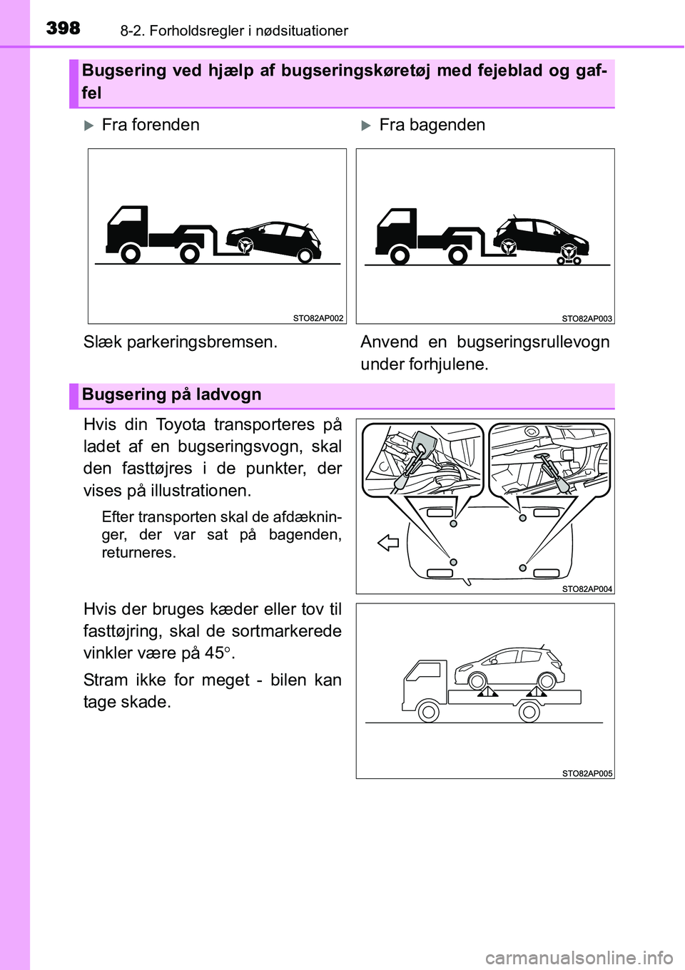 TOYOTA YARIS HATCHBACK 2014  Brugsanvisning (in Danish) 3988-2. Forholdsregler i nødsituationer
Hvis din Toyota transporteres på
ladet af en bugseringsvogn, skal
den fasttøjres i de punkter, der
vises på illustrationen.
Efter transporten skal de afdæk