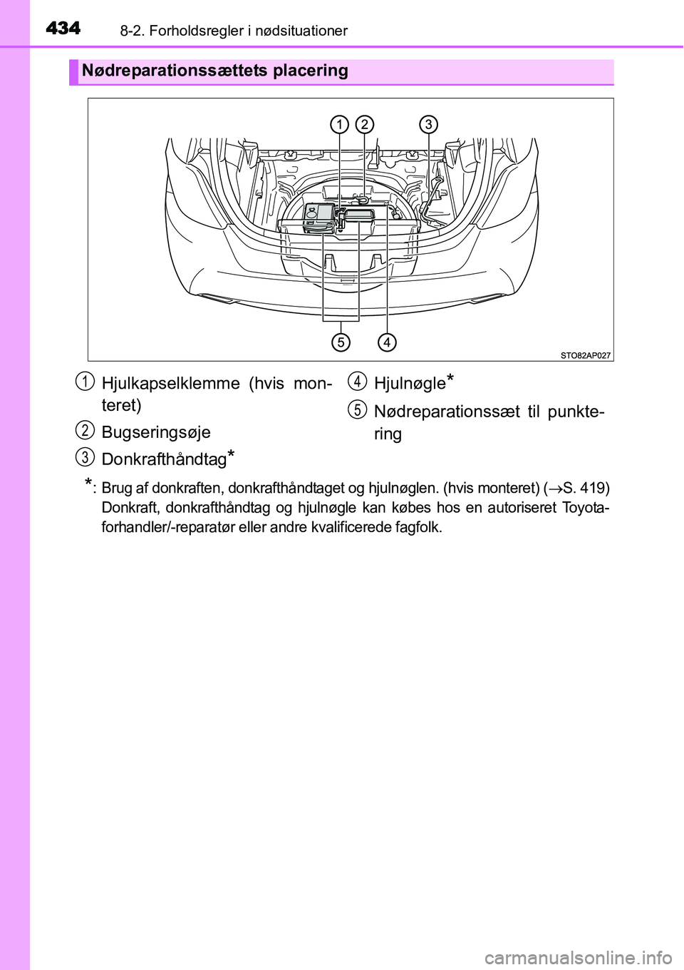 TOYOTA YARIS HATCHBACK 2014  Brugsanvisning (in Danish) 4348-2. Forholdsregler i nødsituationer
*:Brug af donkraften, donkrafthåndtaget og hjulnøglen. (hvis monteret) (→S. 419)
Donkraft, donkrafthåndtag og hjulnøgle kan købes hos en autoriseret Toy