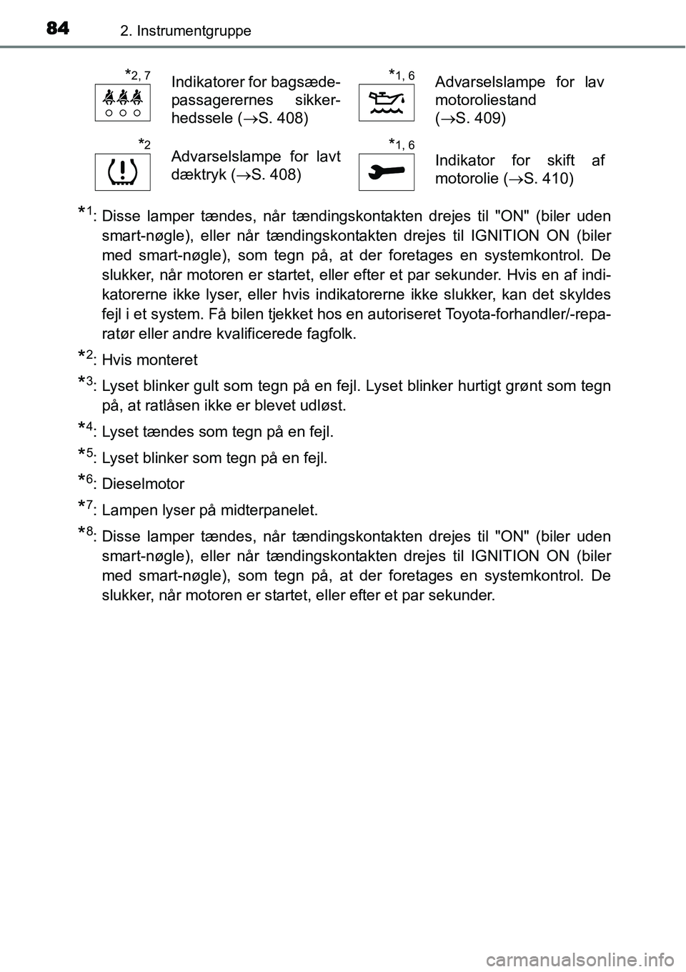TOYOTA YARIS HATCHBACK 2014 Brugsanvisning (in Danish) 842. Instrumentgruppe
*1: Disse lamper tændes, når tændingskontakten drejes til "ON" (biler uden
smart-nøgle), eller når tændingskontakten drejes til IGNITION ON (biler
med smart-nøgle), som te TOYOTA YARIS HATCHBACK 2014 Brugsanvisning (in Danish) 842. Instrumentgruppe
*1: Disse lamper tændes, når tændingskontakten drejes til "ON" (biler uden
smart-nøgle), eller når tændingskontakten drejes til IGNITION ON (biler
med smart-nøgle), som te