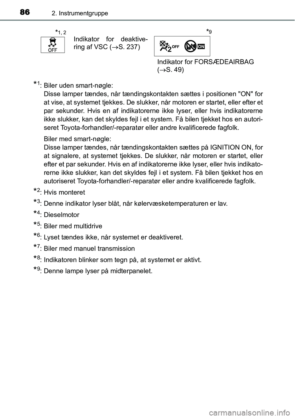 TOYOTA YARIS HATCHBACK 2014 Brugsanvisning (in Danish) 862. Instrumentgruppe
*1: Biler uden smart-nøgle:
Disse lamper tændes, når tændingskontakten sættes i positionen "ON" for
at vise, at systemet tjekkes. De slukker, når motoren er startet, eller TOYOTA YARIS HATCHBACK 2014 Brugsanvisning (in Danish) 862. Instrumentgruppe
*1: Biler uden smart-nøgle:
Disse lamper tændes, når tændingskontakten sættes i positionen "ON" for
at vise, at systemet tjekkes. De slukker, når motoren er startet, eller