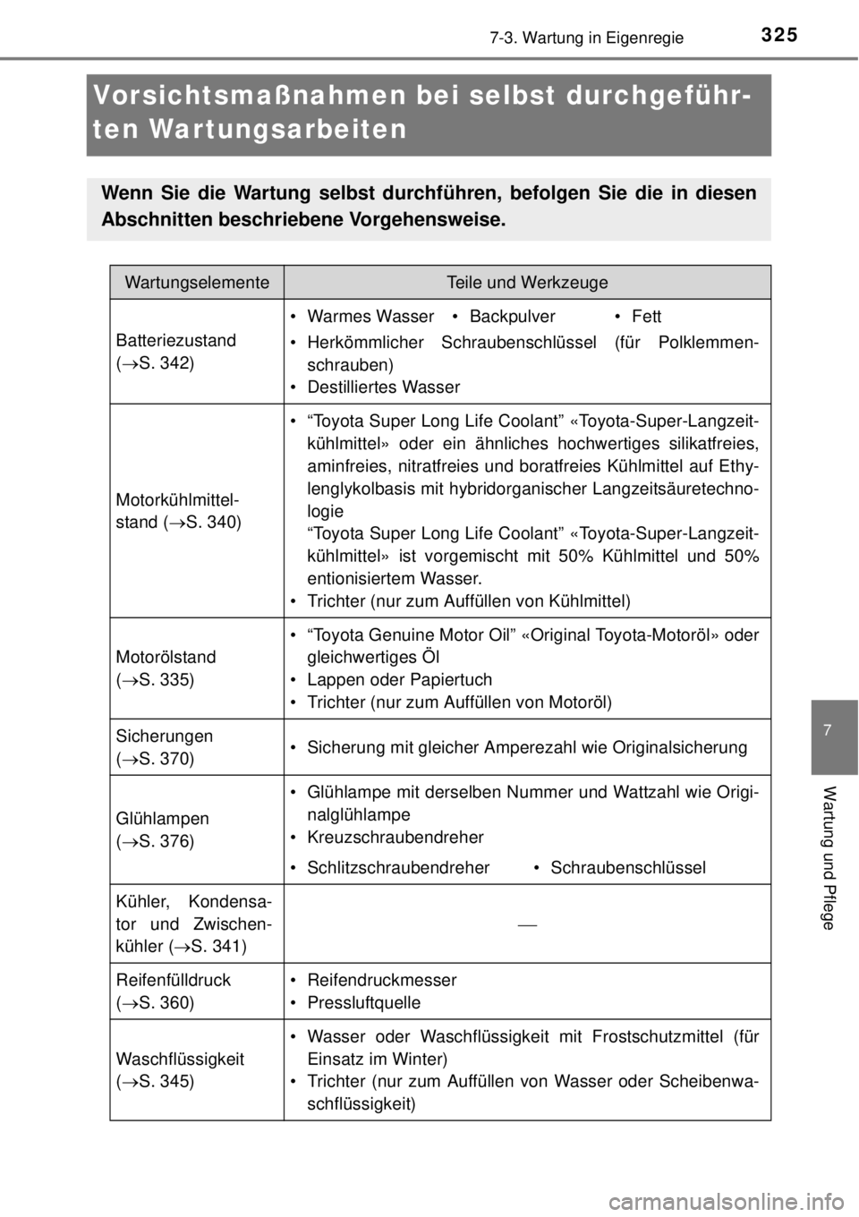 TOYOTA YARIS 2014  Betriebsanleitungen (in German) 3257-3. Wartung in Eigenregie
7
Wartung und Pflege
Vorsichtsmaßnahmen bei selbst durchgeführ-
ten War tungsarbeiten
Wenn Sie die Wartung selbst durchführen, befolgen Sie die in diesen
Abschnitten b