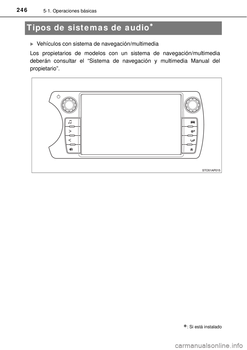 TOYOTA YARIS 2014  Manual del propietario (in Spanish) 2465-1. Operaciones básicas
Tipos de sistemas de audio
Vehículos con sistema de navegación/multimedia
Los propietarios de modelos con un sistema de navegación/multimedia
deberán consultar e
