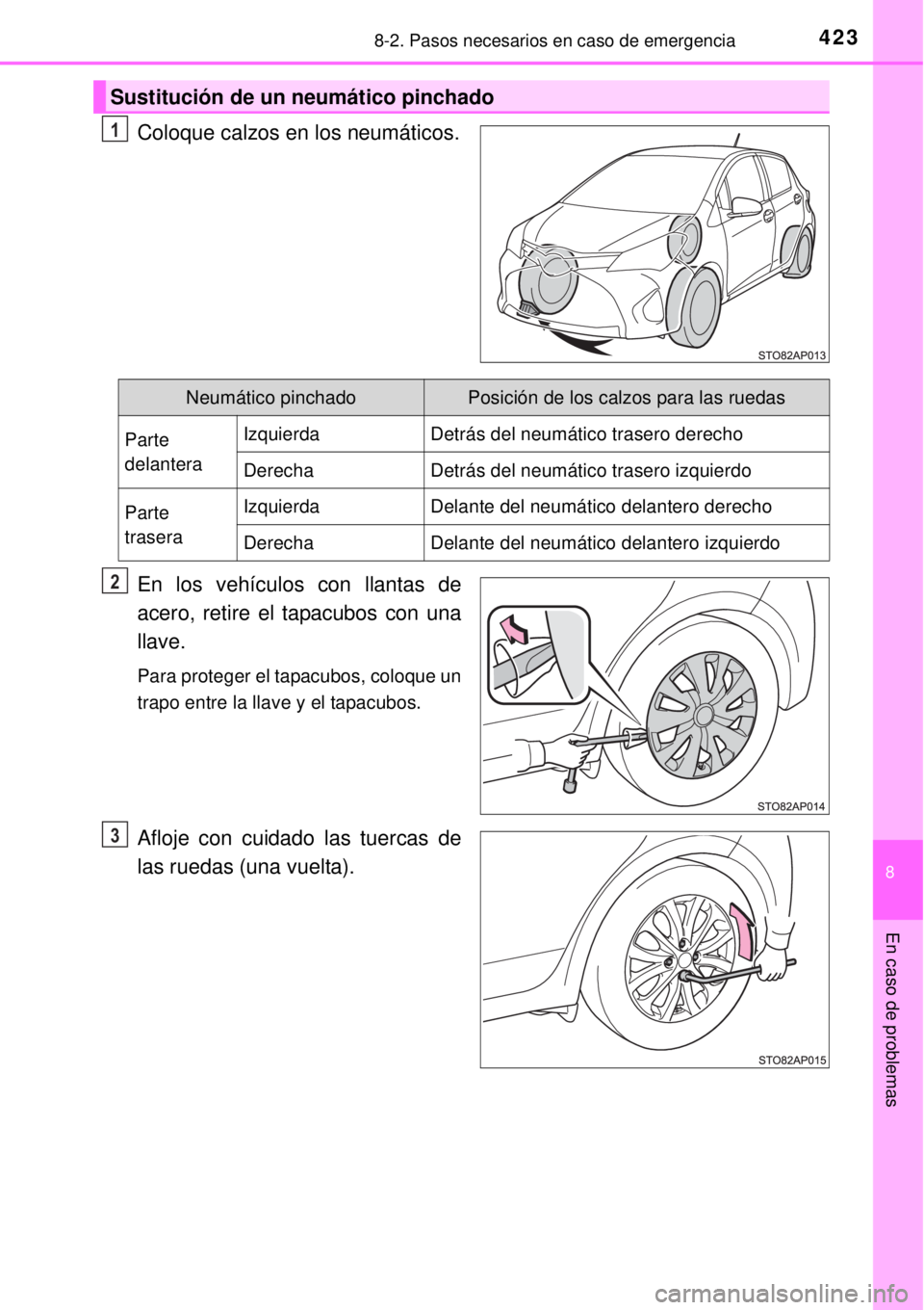 TOYOTA YARIS 2014  Manual del propietario (in Spanish) 4238-2. Pasos necesarios en caso de emergencia
8
En caso de problemas
Coloque calzos en los neumáticos.
En los vehículos con llantas de
acero, retire el tapacubos con una
llave.
Para proteger el tap