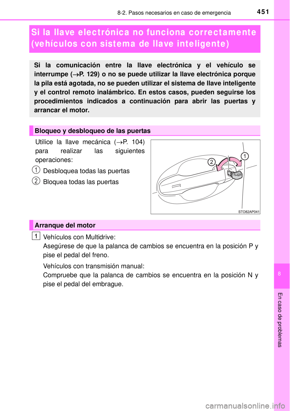 TOYOTA YARIS 2014  Manual del propietario (in Spanish) 4518-2. Pasos necesarios en caso de emergencia
8
En caso de problemas
Si la llave electrónica no funciona correctamente 
(vehículos con sistema de llave inteligente)
Utilice la llave mecánica (P