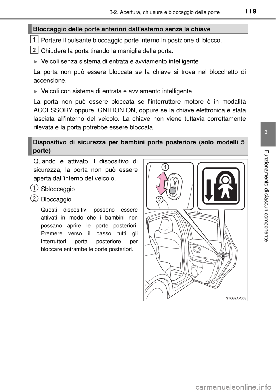 TOYOTA YARIS 2014  Manuale duso (in Italian) 1193-2. Apertura, chiusura e bloccaggio delle porte
3
Funzionamento di ciascun componente
Portare il pulsante bloccaggio porte interno in posizione di blocco.
Chiudere la porta tirando la maniglia del