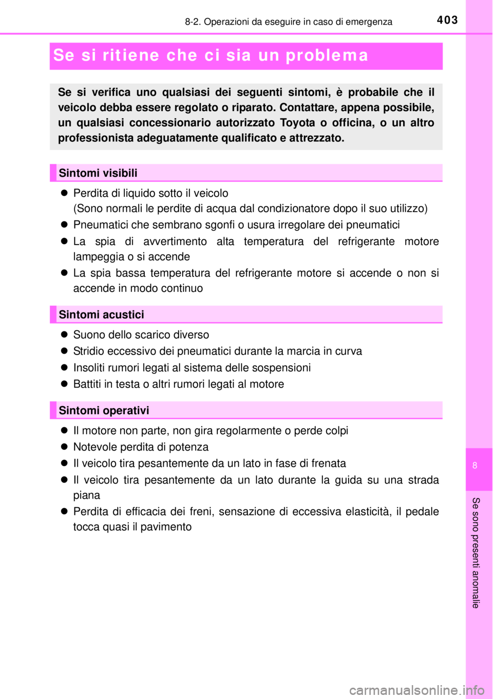 TOYOTA YARIS 2014 Manuale duso (in Italian) 4038-2. Operazioni da eseguire in caso di emergenza
8
Se sono presenti anomalie
Se si ritiene che ci sia un problema
Perdita di liquido sotto il veicolo
(Sono normali le perdite di acqua dal condi TOYOTA YARIS 2014 Manuale duso (in Italian) 4038-2. Operazioni da eseguire in caso di emergenza
8
Se sono presenti anomalie
Se si ritiene che ci sia un problema
Perdita di liquido sotto il veicolo
(Sono normali le perdite di acqua dal condi