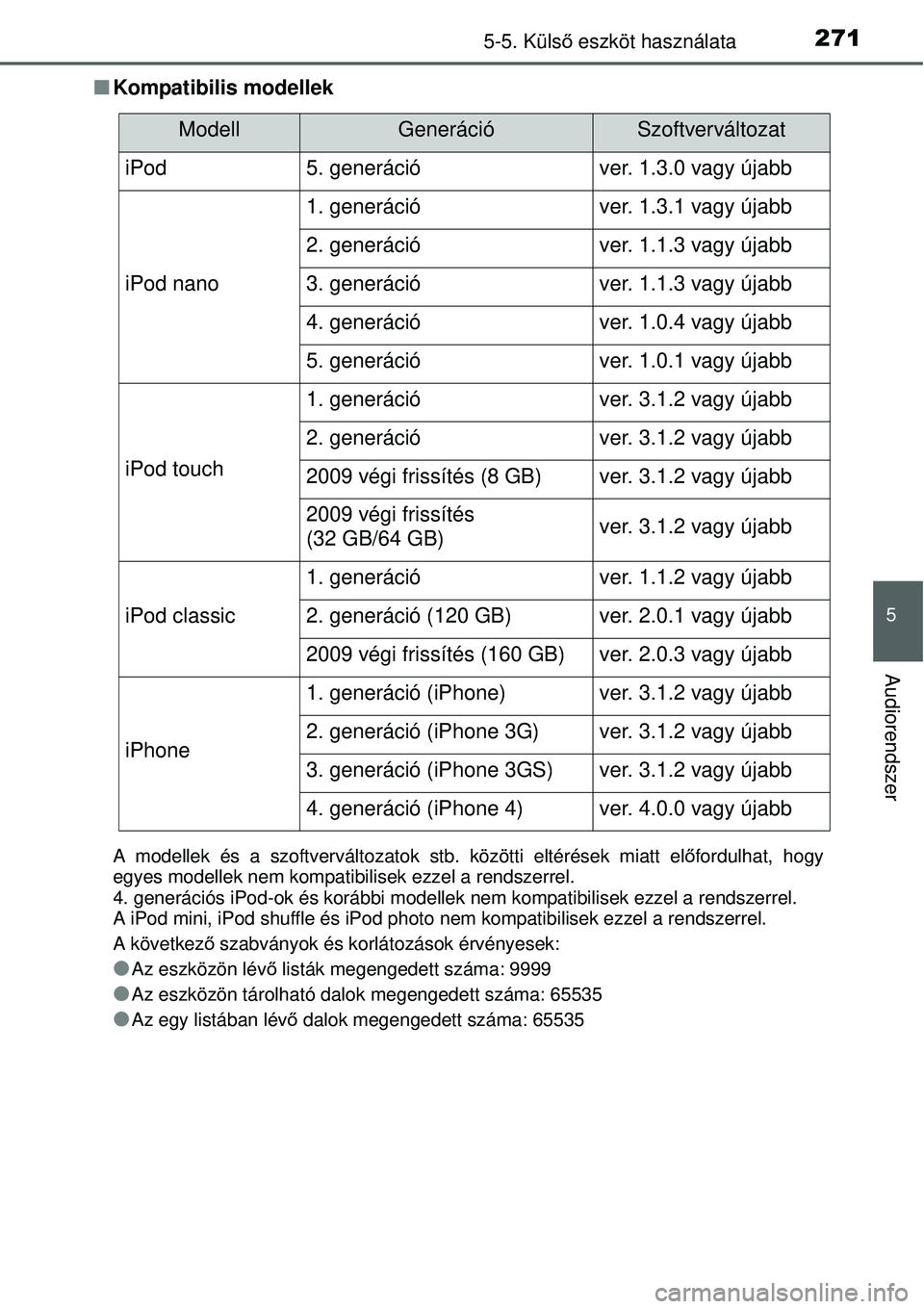 TOYOTA YARIS HATCHBACK 2014  Kezelési útmutató (in Hungarian) 2715-5. Külső eszköt használata
5
Audiorendszer
�QKompatibilis modellek
A modellek és a szoftverváltozatok stb. közötti eltérések miatt előfordulhat, hogy
egyes modellek nem kompatibilisek 