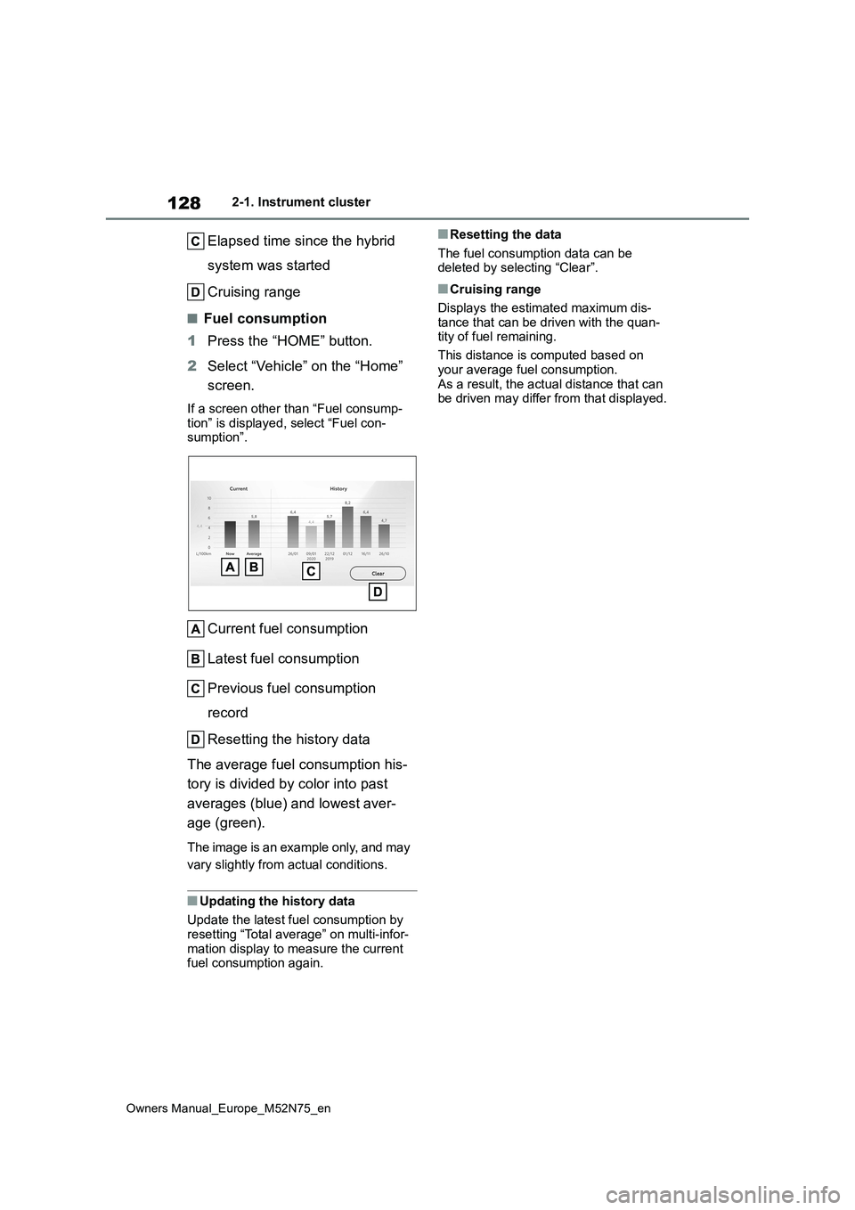 TOYOTA YARIS CROSS 2023  Owners Manual 128
Owners Manual_Europe_M52N75_en
2-1. Instrument cluster
Elapsed time since the hybrid  
system was started 
Cruising range
■Fuel consumption 
1 Press the “HOME” button. 
2 Select “Vehicle