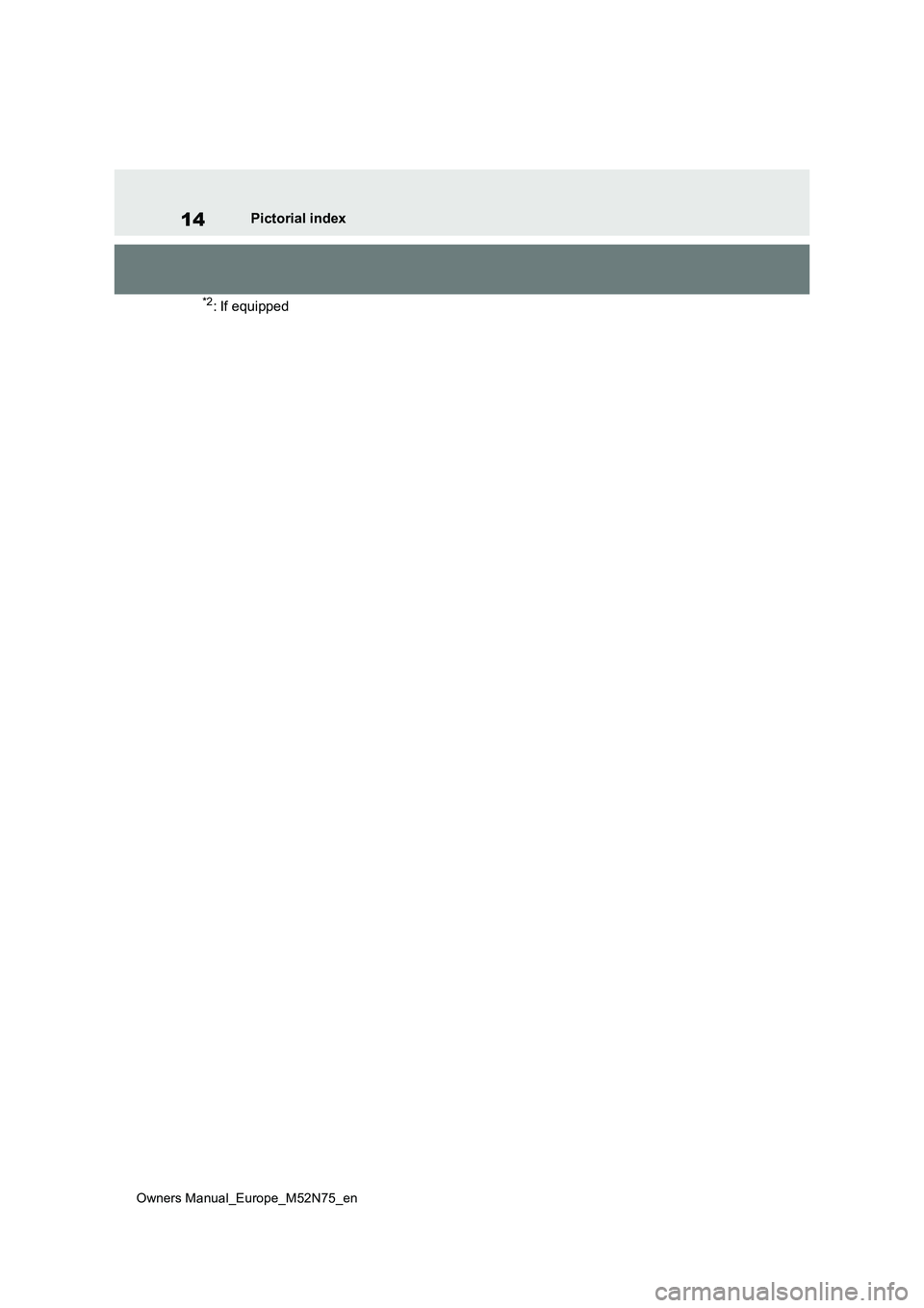 TOYOTA YARIS CROSS 2023  Owners Manual 14
Owners Manual_Europe_M52N75_en
Pictorial index
*2: If equipped 