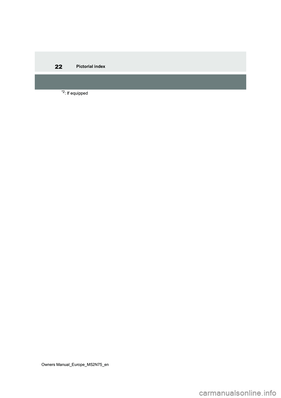 TOYOTA YARIS CROSS 2023  Owners Manual 22
Owners Manual_Europe_M52N75_en
Pictorial index
*2: If equipped 