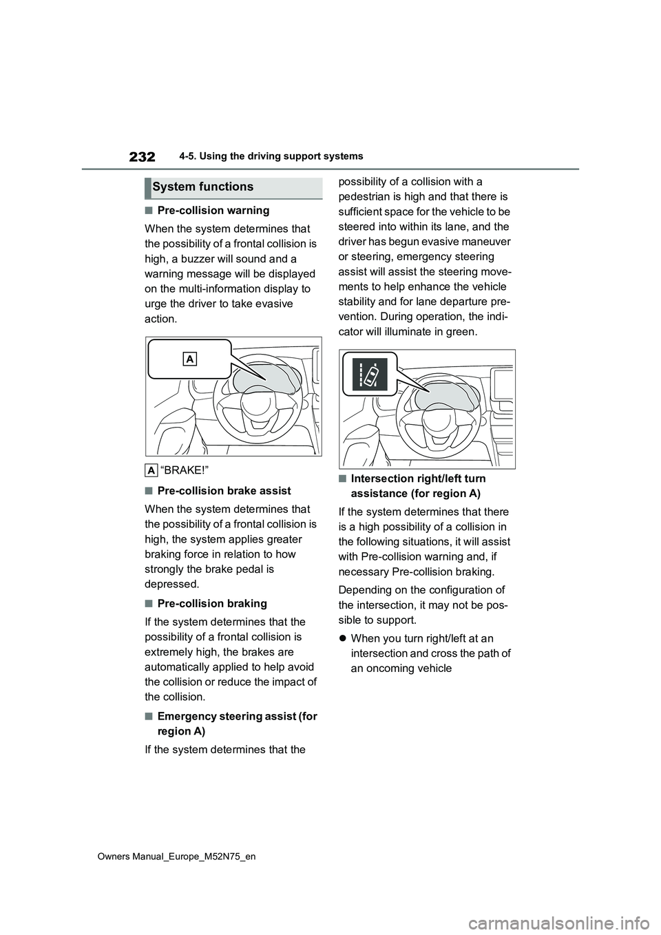 TOYOTA YARIS CROSS 2023  Owners Manual 232
Owners Manual_Europe_M52N75_en
4-5. Using the driving support systems
■Pre-collision warning 
When the system determines that  
the possibility of a frontal collision is  
high, a buzzer will so