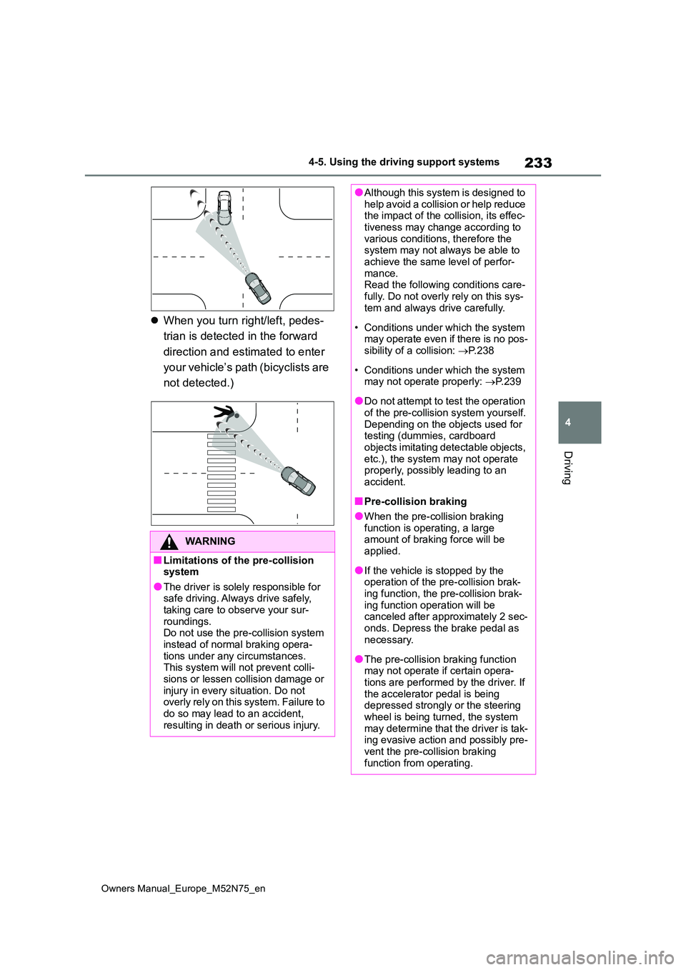 TOYOTA YARIS CROSS 2023  Owners Manual 233
4
Owners Manual_Europe_M52N75_en
4-5. Using the driving support systems
Driving
When you turn right/left, pedes- 
trian is detected in the forward  
direction and estimated to enter  
your vehi