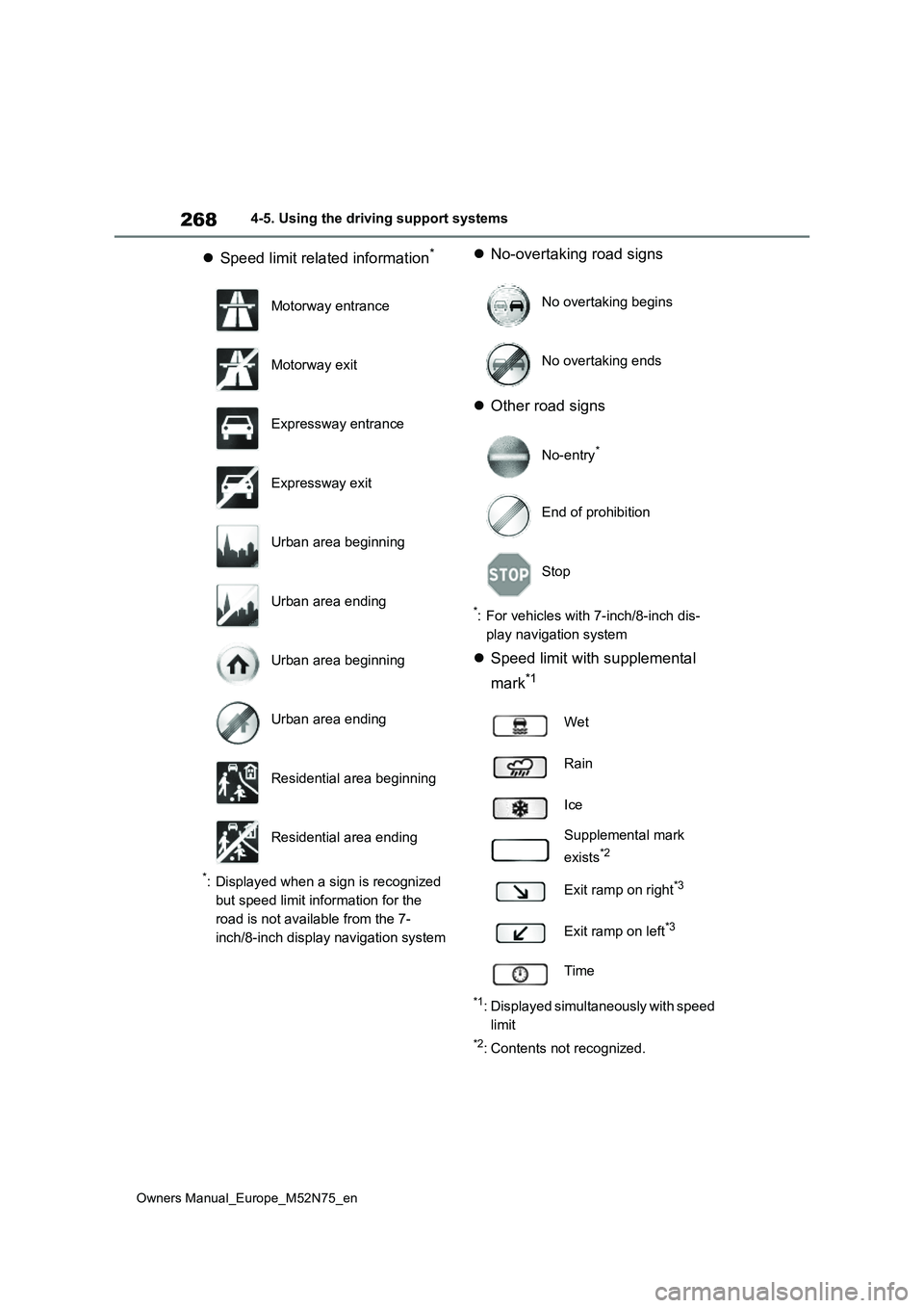 TOYOTA YARIS CROSS 2023  Owners Manual 268
Owners Manual_Europe_M52N75_en
4-5. Using the driving support systems
Speed limit related information*
*: Displayed when a sign is recognized  
but speed limit information for the 
road is not 