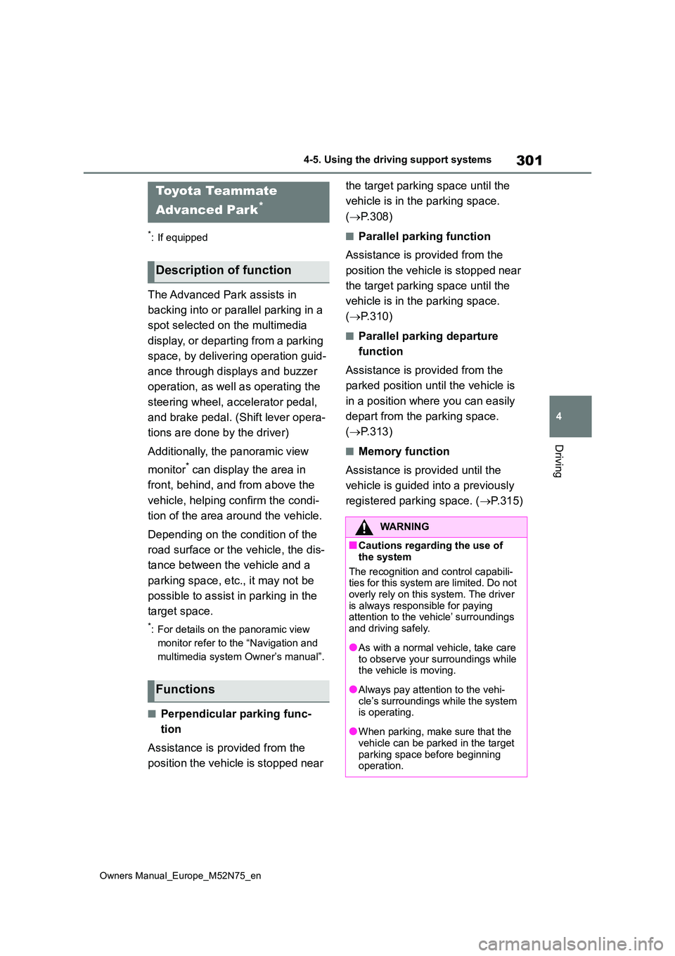 TOYOTA YARIS CROSS 2023  Owners Manual 301
4
Owners Manual_Europe_M52N75_en
4-5. Using the driving support systems
Driving
*: If equipped
The Advanced Park assists in  
backing into or parallel parking in a  
spot selected on the multimedi