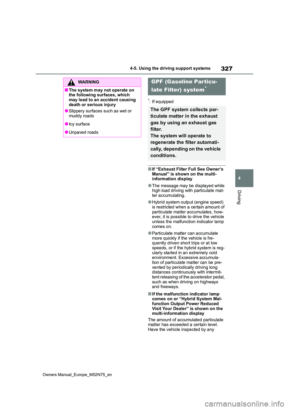 TOYOTA YARIS CROSS 2023  Owners Manual 327
4
Owners Manual_Europe_M52N75_en
4-5. Using the driving support systems
Driving
*: If equipped
■If “Exhaust Filter Full See Owner’s  
Manual” is shown on the multi- information display
●