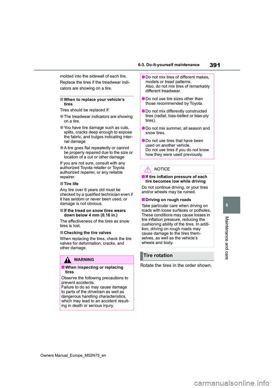 TOYOTA YARIS CROSS 2023  Owners Manual 391
6
Owners Manual_Europe_M52N75_en
6-3. Do-it-yourself maintenance
Maintenance and care
molded into the sidewall of each tire. 
Replace the tires if the treadwear indi- 
cators are showing on a tire