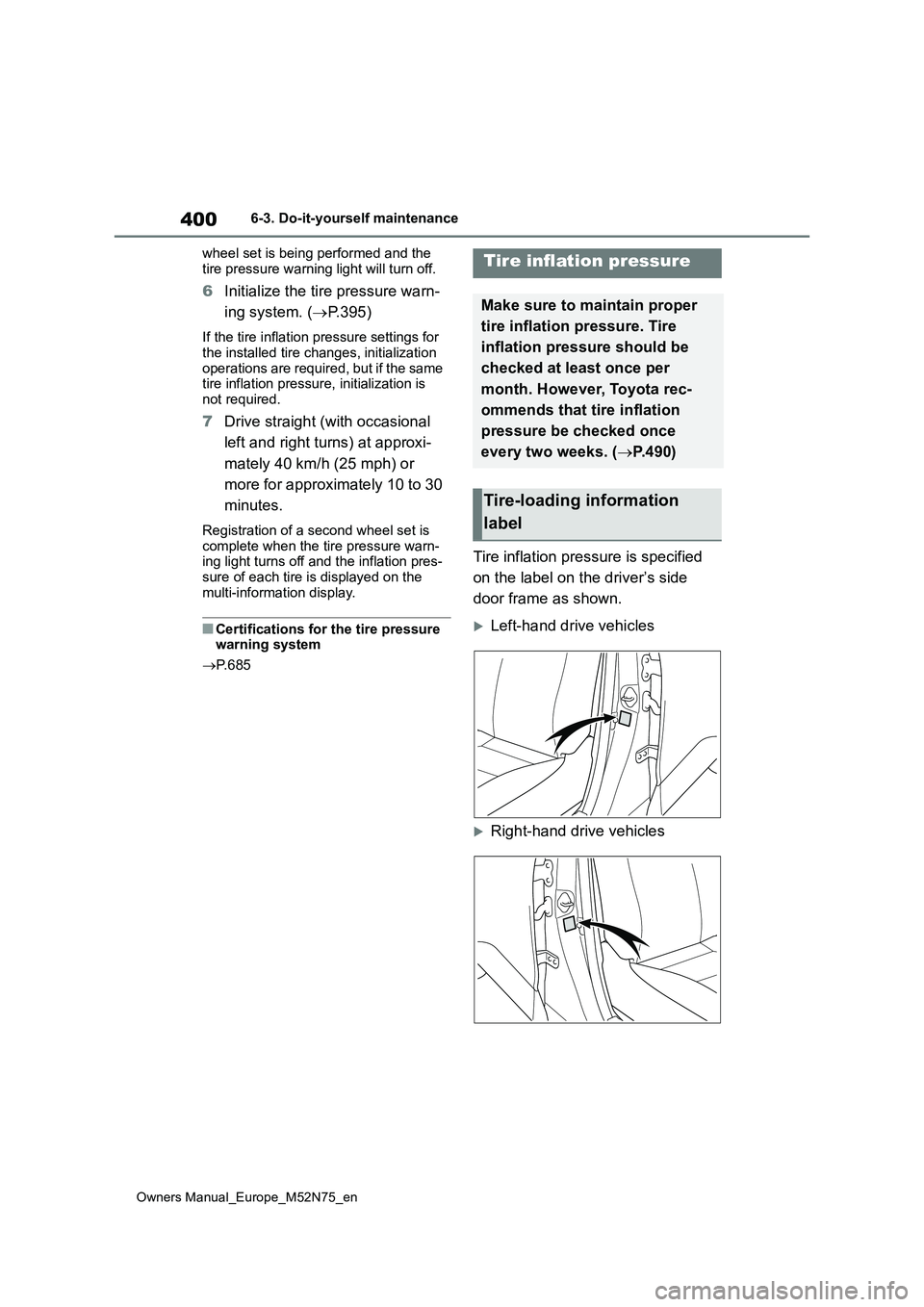 TOYOTA YARIS CROSS 2023  Owners Manual 400
Owners Manual_Europe_M52N75_en
6-3. Do-it-yourself maintenance 
wheel set is being performed and the  
tire pressure warning light will turn off.
6 Initialize the tire pressure warn- 
ing system. 