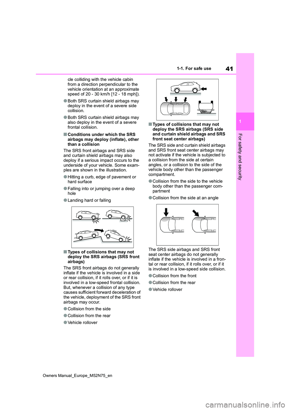 TOYOTA YARIS CROSS 2023 Owners Manual 41
1
Owners Manual_Europe_M52N75_en
1-1. For safe use
For safety and security
cle colliding with the vehicle cabin
from a direction perpendicular to the vehicle orientation at an approximate speed TOYOTA YARIS CROSS 2023 Owners Manual 41
1
Owners Manual_Europe_M52N75_en
1-1. For safe use
For safety and security
cle colliding with the vehicle cabin
from a direction perpendicular to the vehicle orientation at an approximate speed