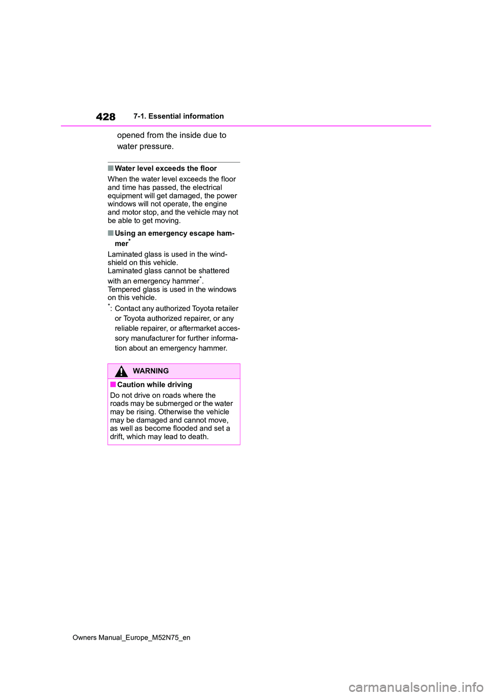 TOYOTA YARIS CROSS 2023  Owners Manual 428
Owners Manual_Europe_M52N75_en
7-1. Essential information
opened from the inside due to  
water pressure.
■Water level exceeds the floor 
When the water level exceeds the floor  and time has pas