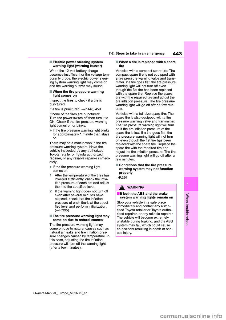 TOYOTA YARIS CROSS 2023  Owners Manual 443
7
Owners Manual_Europe_M52N75_en
7-2. Steps to take in an emergency
When trouble arises
■Electric power steering system  
warning light (warning buzzer) 
When the 12-volt battery charge  becomes
