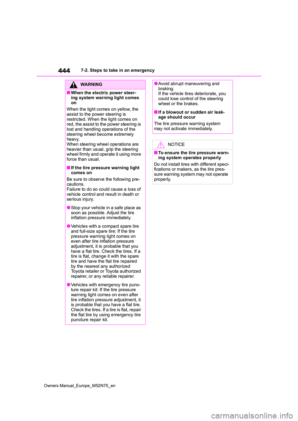 TOYOTA YARIS CROSS 2023  Owners Manual 444
Owners Manual_Europe_M52N75_en
7-2. Steps to take in an emergency
WARNING
■When the electric power steer- ing system warning light comes  
on 
When the light comes on yellow, the  assist to the 