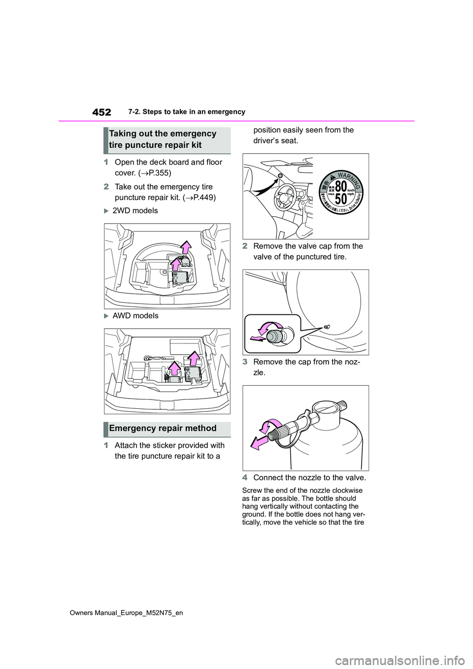 TOYOTA YARIS CROSS 2023  Owners Manual 452
Owners Manual_Europe_M52N75_en
7-2. Steps to take in an emergency
1Open the deck board and floor  
cover. ( P.355) 
2 Take out the emergency tire  
puncture repair kit. ( P.449)
2WD model