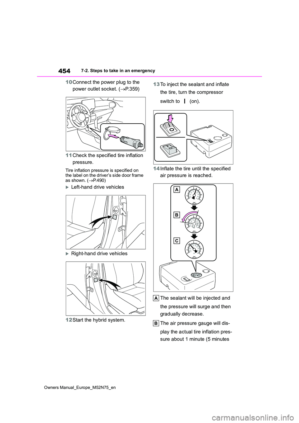 TOYOTA YARIS CROSS 2023  Owners Manual 454
Owners Manual_Europe_M52N75_en
7-2. Steps to take in an emergency
10Connect the power plug to the  
power outlet socket. ( P.359) 
11 Check the specified tire inflation  
pressure.
Tire inflati