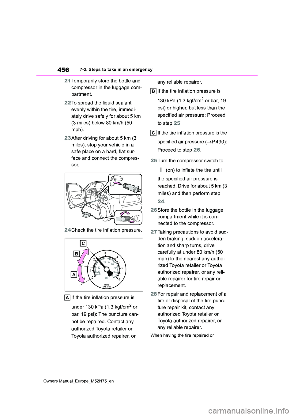TOYOTA YARIS CROSS 2023  Owners Manual 456
Owners Manual_Europe_M52N75_en
7-2. Steps to take in an emergency
21Temporarily store the bottle and  
compressor in the luggage com- 
partment. 
22 To spread the liquid sealant  
evenly within th