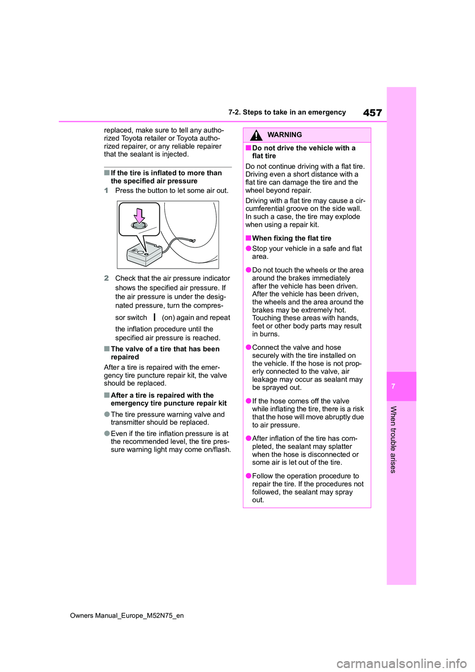 TOYOTA YARIS CROSS 2023  Owners Manual 457
7
Owners Manual_Europe_M52N75_en
7-2. Steps to take in an emergency
When trouble arises
replaced, make sure to tell any autho- 
rized Toyota retailer or Toyota autho- rized repairer, or any reliab
