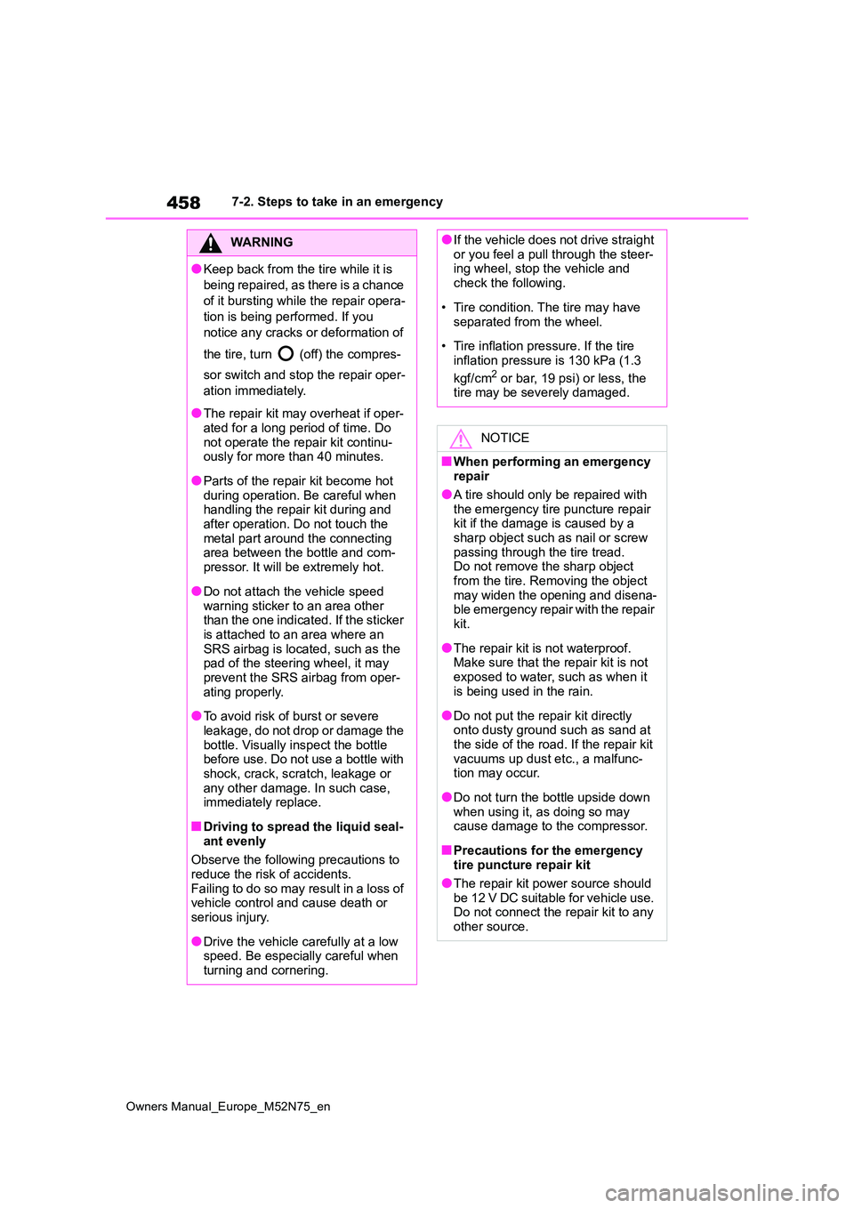 TOYOTA YARIS CROSS 2023  Owners Manual 458
Owners Manual_Europe_M52N75_en
7-2. Steps to take in an emergency
WARNING
●Keep back from the tire while it is  
being repaired, as there is a chance 
of it bursting while the repair opera-
tion