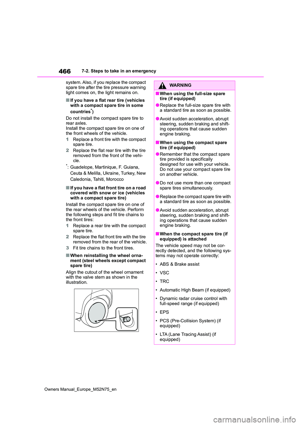 TOYOTA YARIS CROSS 2023  Owners Manual 466
Owners Manual_Europe_M52N75_en
7-2. Steps to take in an emergency 
system. Also, if you replace the compact  
spare tire after the tire pressure warning  light comes on, the light remains on.
■I