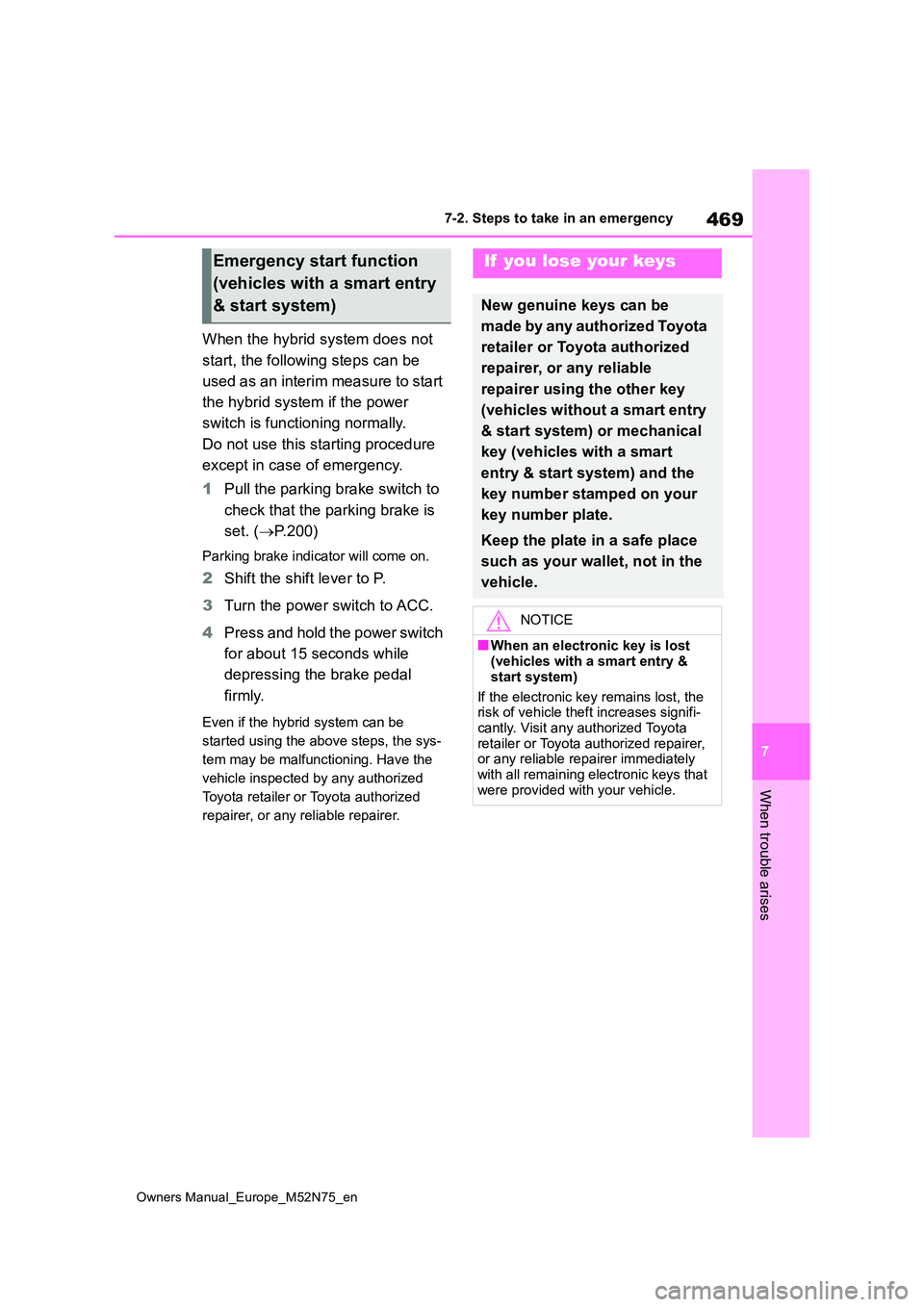 TOYOTA YARIS CROSS 2023  Owners Manual 469
7
Owners Manual_Europe_M52N75_en
7-2. Steps to take in an emergency
When trouble arises
When the hybrid system does not  
start, the following steps can be  
used as an interim measure to start  
