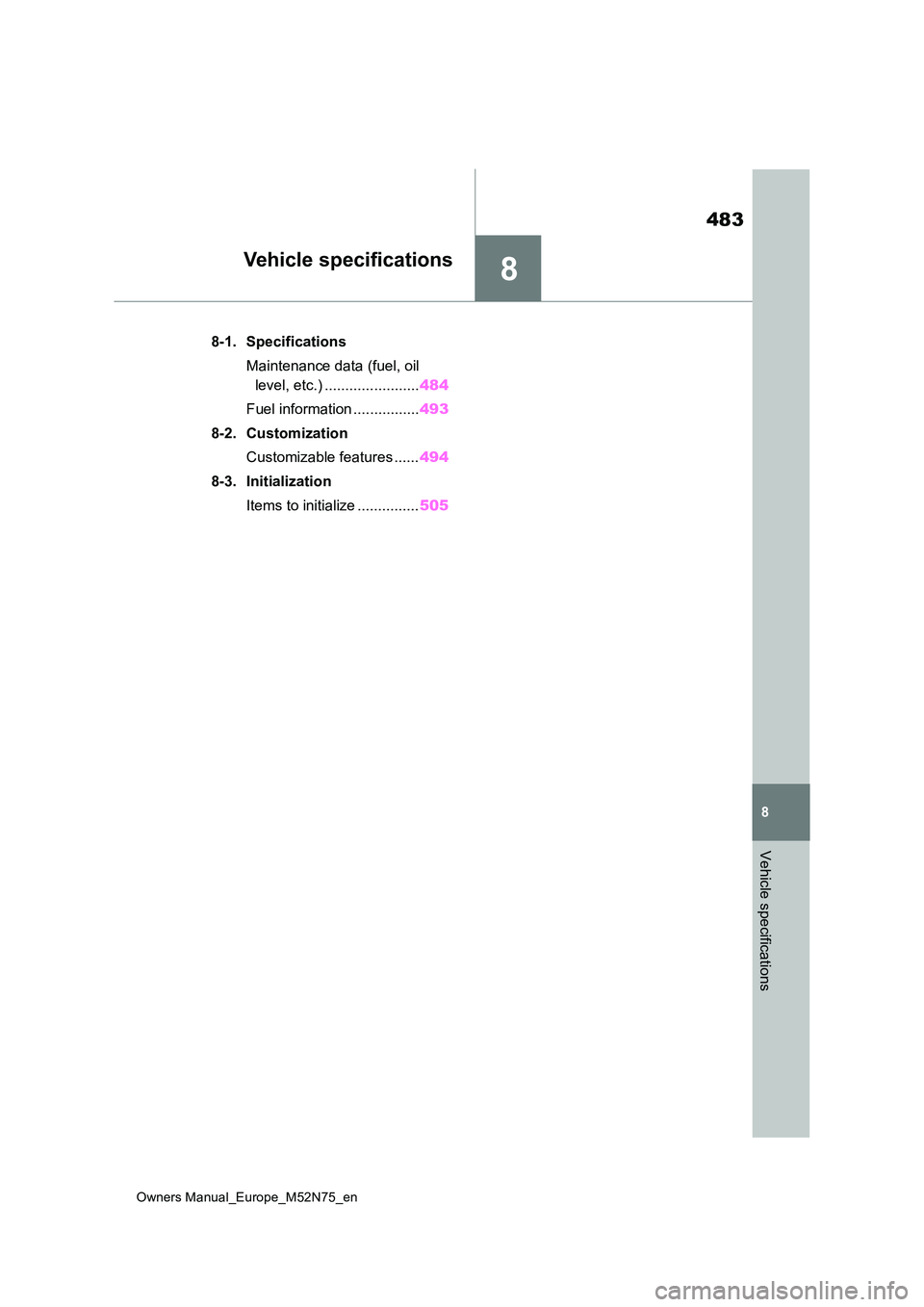 TOYOTA YARIS CROSS 2023  Owners Manual 8
483
Owners Manual_Europe_M52N75_en
8
Vehicle specifications
Vehicle specifications
8-1. Specifications 
Maintenance data (fuel, oil  
level, etc.) ....................... 484 
Fuel information .....