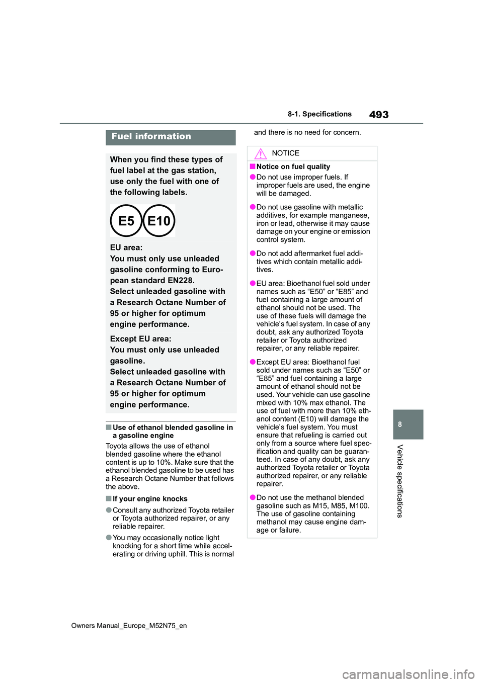 TOYOTA YARIS CROSS 2023  Owners Manual 493
8
Owners Manual_Europe_M52N75_en
8-1. Specifications
Vehicle specifications
■Use of ethanol blended gasoline in  a gasoline engine 
Toyota allows the use of ethanol  
blended gasoline where the 