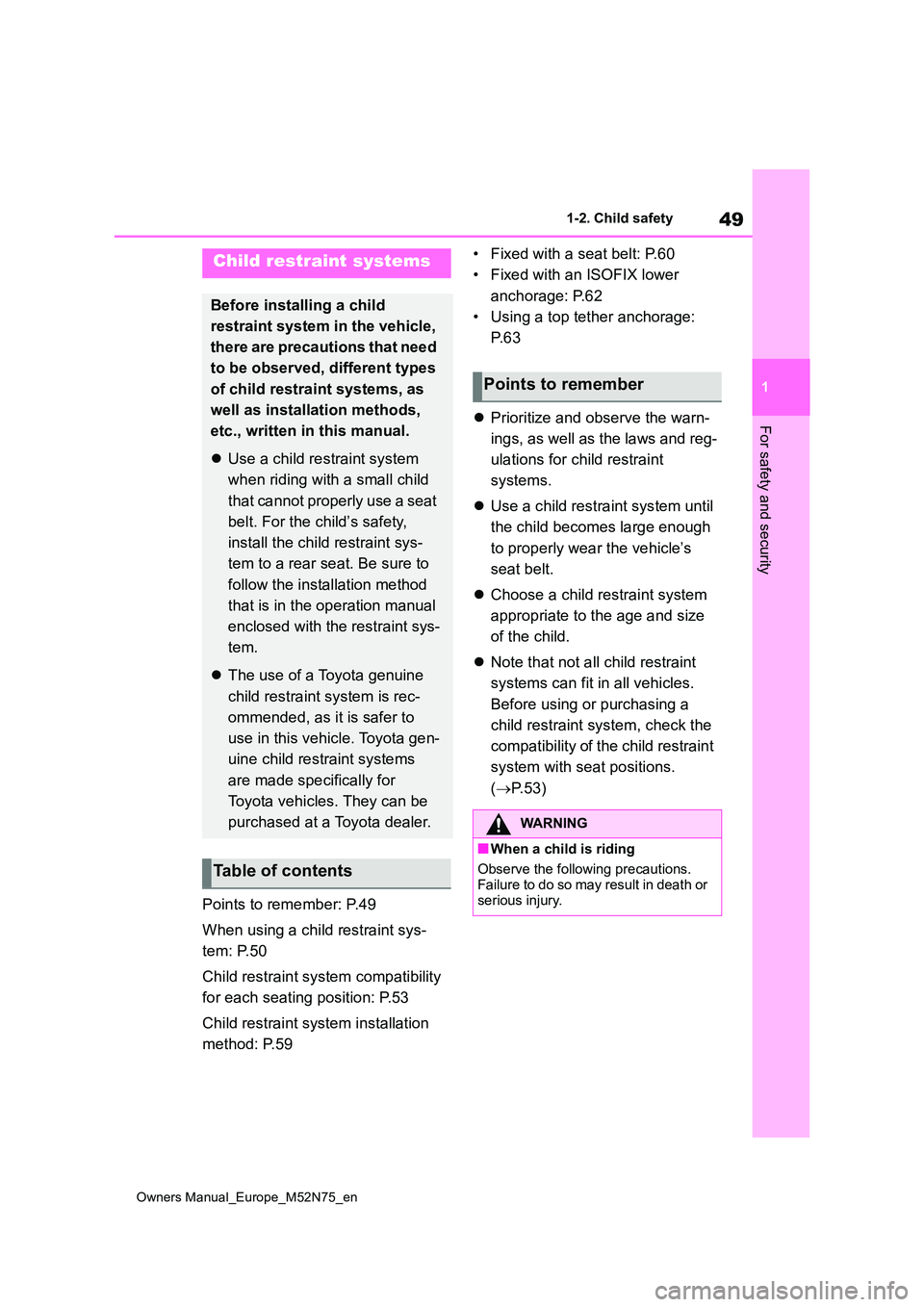 TOYOTA YARIS CROSS 2023 Owners Manual 49
1
Owners Manual_Europe_M52N75_en
1-2. Child safety
For safety and security
Points to remember: P.49
When using a child restraint sys-
tem: P.50
Child restraint system compatibility
for each se TOYOTA YARIS CROSS 2023 Owners Manual 49
1
Owners Manual_Europe_M52N75_en
1-2. Child safety
For safety and security
Points to remember: P.49
When using a child restraint sys-
tem: P.50
Child restraint system compatibility
for each se